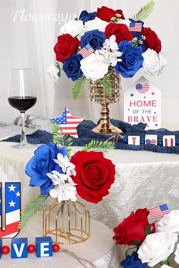 Floweroyal 4th of July Flowers Patriotic Flowers Fake Roses with American Flags for Independence Day, Memorial Day, Floral Arrangement, Table Centerpieces, Home Decorations (Red, Blue, White)