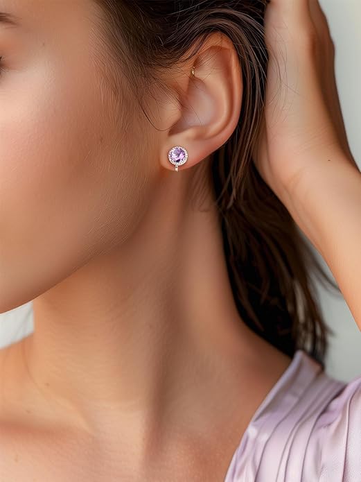 Silvora 925 Silver 8MM Cubic Zirconia Birthstone Clip On Stud Earrings Round Non Pierced Earrings For Women,Come with Box