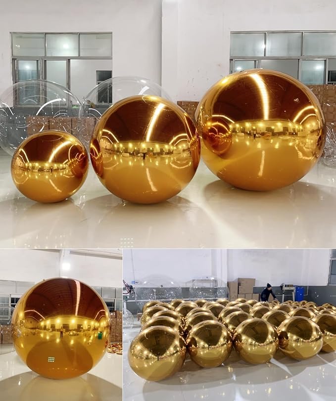 Inflatable Mirror Ball,Silver & Gold & Iridescent Giant Mirror Balloon,Big Shinny Balls,Reusable PVC Hanging Disco Sphere For Party & Wedding & Event Decoration (Gold, 24in 1.9ft 0.6m)