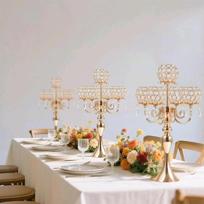 4Pcs 22 Inch Tall 5-Arm Gold Elegant Crystal Candelabra – Fancy Looking Candle Holder, Perfect for Your Table Centerpiece, Wedding & Christmas Dinner Party Events, Home Decor
