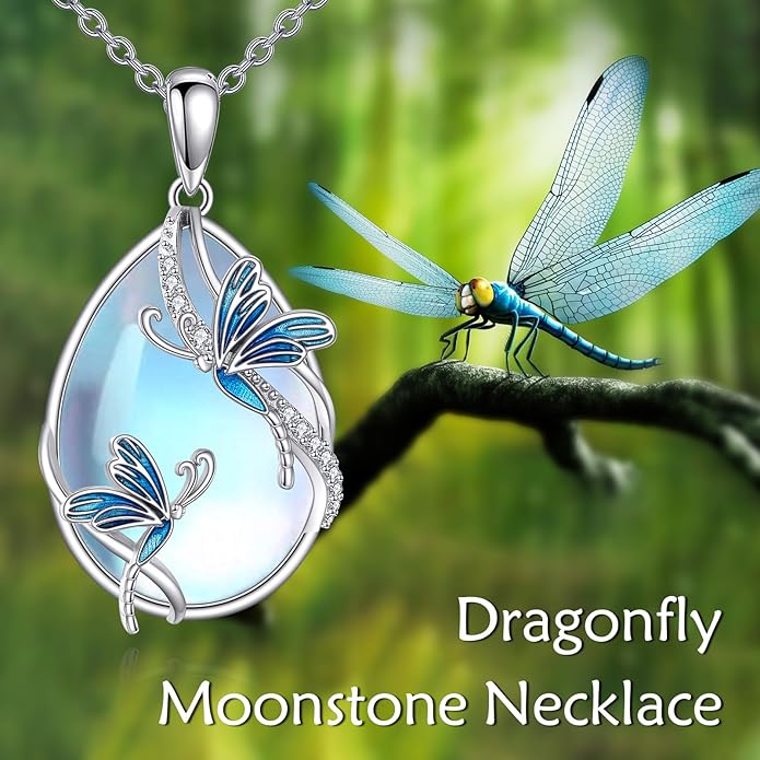 KQF Dragonfly/Butterlfy/Cat/Jellyfish/Bunny/Axolotl/Bee/Mermaid/Hummingbird/Elephant Necklace for Women Sterling Silver Moonstone Pendant Necklace Dragonfly Jewelry Gifts for Women