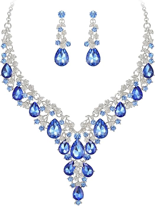 BriLove Women's Wedding Bridal Austrian Crystal Teardrop Flower Cluster Statement Necklace Dangle Earrings Jewelry Set for Party Prom