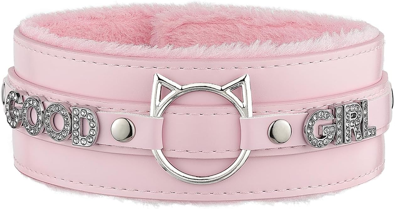 Handmade Collar Choker Necklace for Women – Cat Ear O-Ring Punk Goth Letter Choker,Black/Pink Furry Alt Fashion Jewelry