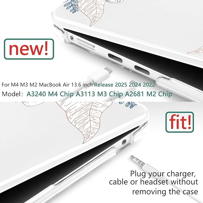 TWOLSKOO Compatible with M4 MacBook Air 13.6 inch Case 2025-2022 Release M4 A3240 M3 A3113 M2 A2681, Plastic Hard Shell & Keyboard Cover & Type C Adapter & Screen Protector, Engraved Sketch
