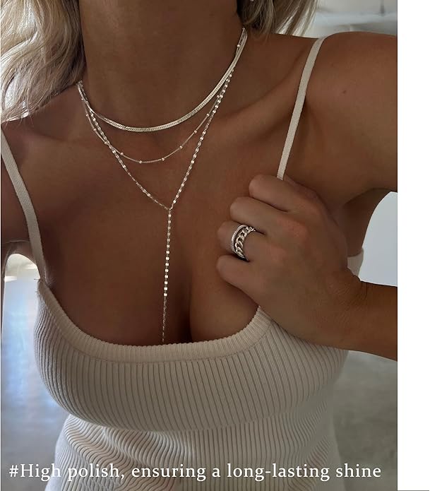 3PCS Gold Necklaces for Women,Chunky Statement Gold Plated Necklace Stack Layered Sterling Silver Herringbone Chains for Women Dainty Trendy Silver Chains Stacked Jewelry Gifts