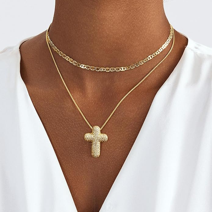 OGD Bubble Cross Necklace for Women 14k Gold Plated Cross Necklace Stackable Dainty Gold Necklace Mariner Chain Necklace CZ Cross Pendant Necklaces Set Simple Jewelry Gift