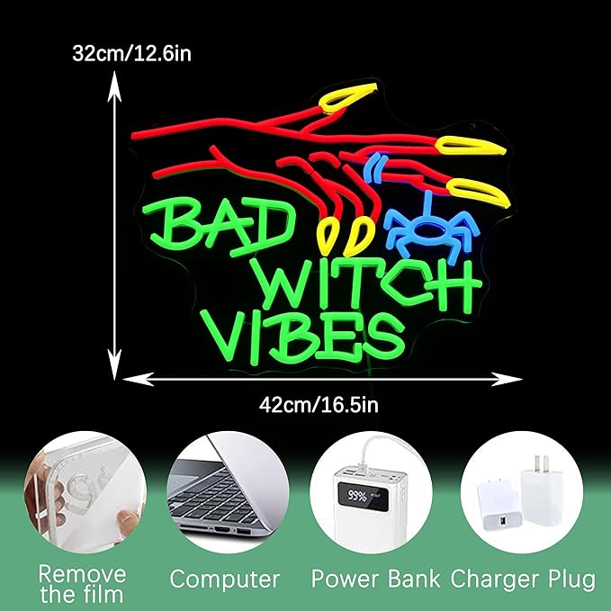Bad Witch Halloween Neon Sign for Party Gothic Witch Hand Neon Light Scared Spider Light Up Sign for Halloween Christmas Bedroom Haunted Mansion House Club Witch fans(16.5 * 12.5in)