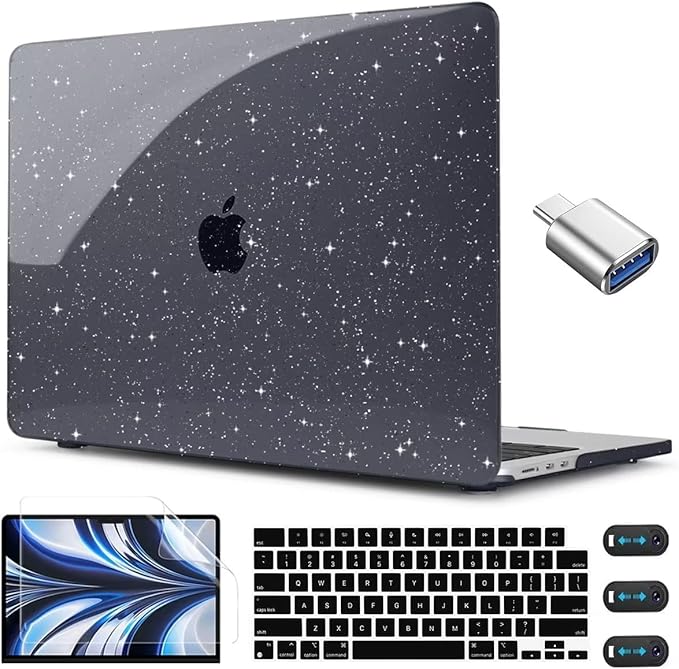 CISSOOK Black Glitter Case for MacBook Air 13.6 inch 2025 2024 2022 Release Model A3240 A3113 A2681, Sparkly Black Hard Shell Case with Keyboard Cover USB Adapter for MacBook Air 13 M2 M3 M4