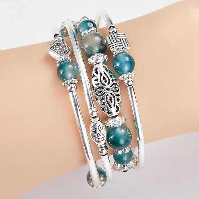 BULINLIN Layered Wrap Bangle Turquoise Bracelet - Bead Bracelet with Natural Agate Stone, Gifts For Women
