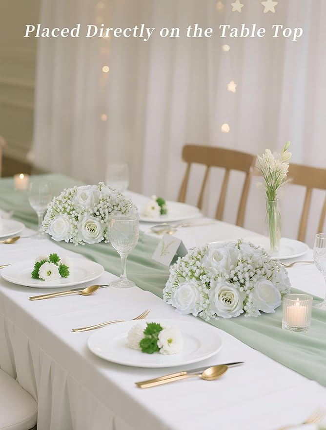 BLOSMON Babys Breath Artificial Flowers: 10 Pcs White Rose Baby Breath Ball Centerpieces for Wedding Table - Fake Silk Kissing Floral Arrangement for Home Party Event Decorations