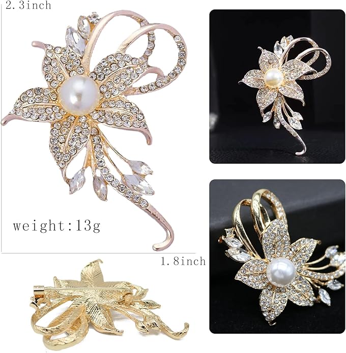 Crystal Pearl Flower Brooches Pins Fashion Beautiful Created Rhinestone Floral Brooch Good Idea for Party Dance Wedding Banquet for Elegant Women Girl