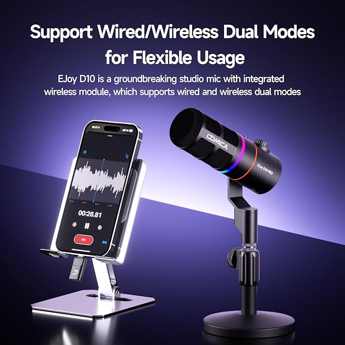 EJoy D10 PRO(D) Wireless USB Gaming Microphone – RGB Dynamic Mic with Wired/Wireless Modes, XLR/USB-C, Real-Time Monitoring, 45H Battery, Studio Mic for Gaming, Streaming, Podcast, Recording (Black)