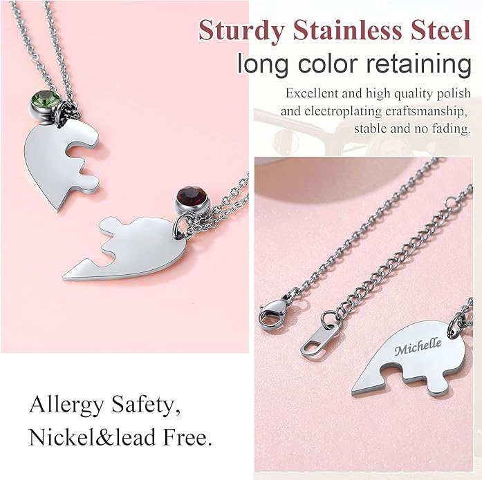 FindChic Personalized Matching BFF Necklace for 2/3/4/5/6 Puzzle Name Heart Pendant Stainless Steel Couple Necklace Set Customized Necklaces for Teen Girls