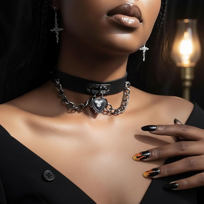 Goth Heart Chain Choker Necklace, Gothic Punk Grunge Emo Necklace, PU Leather Choker, Halloween Jewelry Gifts for Women