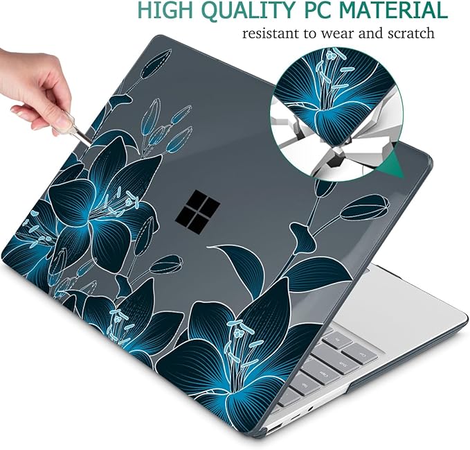 Tuiklol Case for 15 Inch Microsoft Surface Laptop 5/4/3 2022-2020, Model 1979/1953/1872/1873 Hard Shell Cover, Keyboard Cover+Screen Protector+Dust Plugs,Black Lilies Flowers