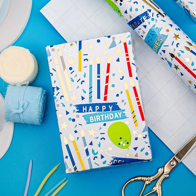 MIMUTI Blue Birthday Wrapping Paper for Boys - 17 Inch X 33 Feet - Foil Gift Wrap with Colorful Balloons, Candles, HappyBirthday Text Design for Birthday, Holiday, Party, Baby Shower