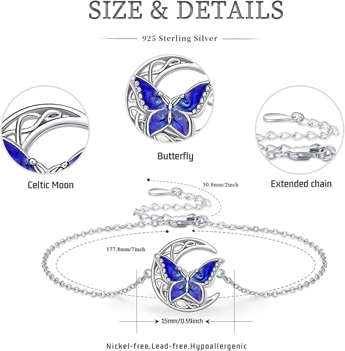 Dragonfly Bracelet 925 Sterling Silver Butterfly Bracelet Adjustable Celtic Moon Bracelet Irish Celtic Jewelry Gifts for Women