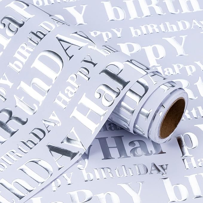 WRAPAHOLIC Jumbo 3D Kraft Birthday Wrapping Paper Roll - 30 Inch x 16.5 Feet - Silver and White Happy Birthday Wrapping Paper with Embossed Perfect for Holiday, Party Celebration