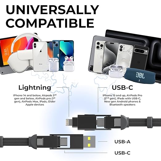 Rolling Square inCharge XS - 240W 4in1 Keyring Cable | Fast Charging & Data Transfer | Universal USB C/Lightning/USB Cable with Metal Housing | N52 Magnets | Eco-Friendly | Gray