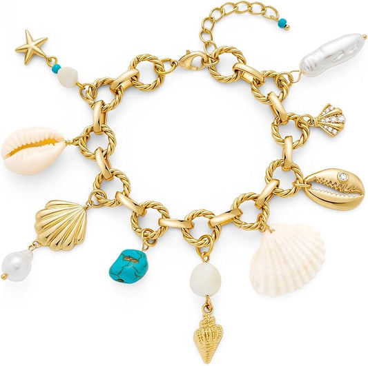 Gold Charm Bracelet for Women Boho Adjustable Shell Starfish Bracelet Summer Beach Ocean Statement Bracelets