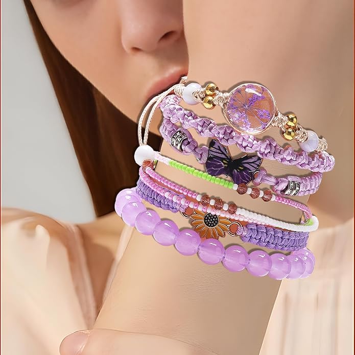 DS 6PCS String beads Charm Bracelets for Teen Girls Handmade Braided Rope Butterfly daisies Eternal flower Boho Surfer Bracelet for women Adjustable friendship Stretch birthday jewelry Gift Friends
