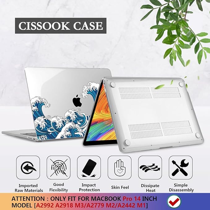 CISSOOK Ocean Case for MacBook Pro 14 inch 2021 2022 2023 2024 Release Model A2442 M1 &A2779 M2 &A2992 A2918 M3 & A3112 A3185 A3401 M4 Pro/Max Chip, Wave Hard Shell for Pro 14-inch with Touch ID