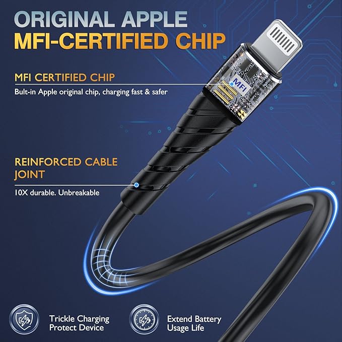 OIITH MFi Certified for iPhone Charger Cable 3 Pack 6 Ft, Long for Lightning Charging Cord, Fast 2.4A for iPhone USB Cord Compatible with iPhone12/11/XS/Max/XR/X/8/8P/7P/6/iPad - Gold