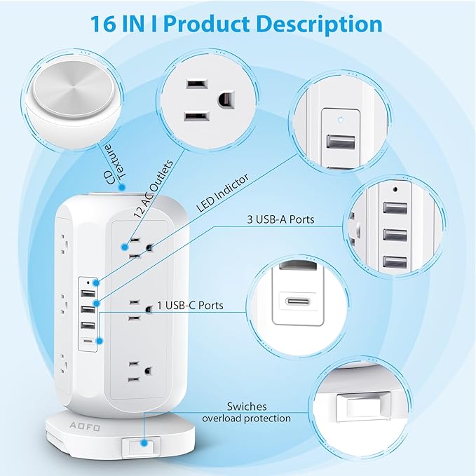 15 ft Long Extension Cord Power Strip Tower,AOFO Surge Protector 12 AC Outlets 4 USB(1 USB C) Ports, Charging Tower Overload Protection with Multiple Outlets for Home Dorm Office