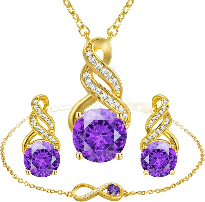 Jewelry Sets for Women-18K Gold Plated Dainty Birthstone Pendant,Trendy Necklace Earrings Infinity Bracelets Set,Ideal Jewelry Gifts for Her Mom