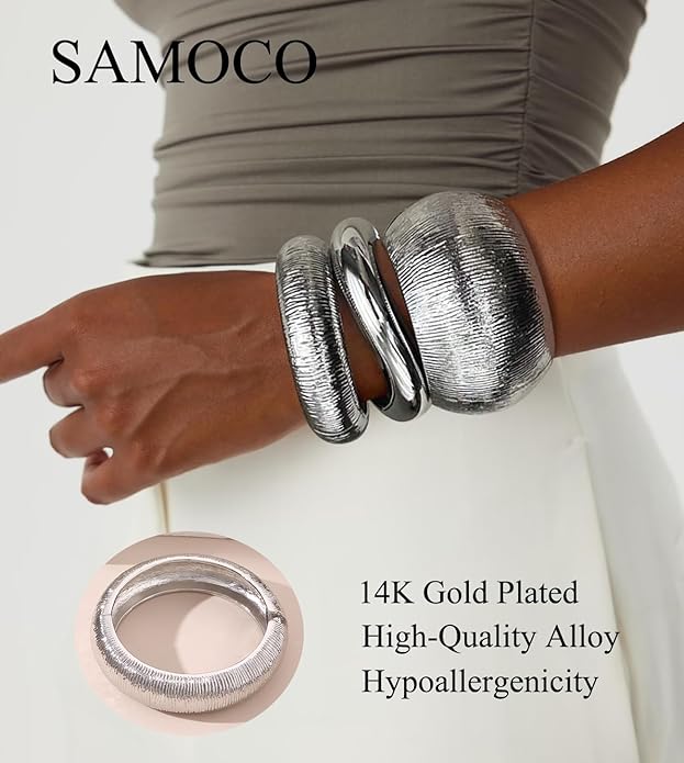 SAMOCO 3Pcs Chunky Gold Bangle Bracelets for Women Trendy Wide Wrist Cuff Bracelets Stack Statement Bangle Fashion Gifts