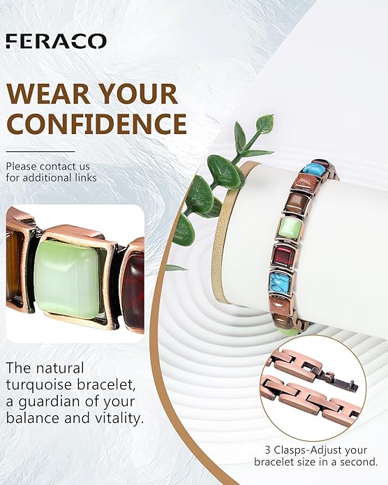 Feraco Pure Copper Bracelets for Women, Ultra Strength Magnetic Bracelet with 3800 Gauss Magnets & Natural Turquoise & Stones, Adjustable, Jewelry Gift