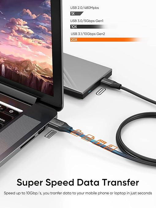 CableCreation USB A to USB C Cable 3.3FT, USB-C to USB 3.1 USB 3.2 Gen2 10Gbps USB-A to C Data Cord, Android Auto Cable 3A for Type-C External SSD MacBook Pro iPad, Galaxy S24 Ultra/S24+/S23,1.0m