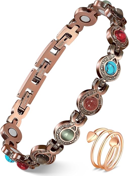 Feraco Pure Copper Bracelets & Rings for Women, Ultra Strength Magnetic Bracelet with 3800 Gauss Magnets & Natural Turquoise & Stones, Adjustable, Jewelry Gift
