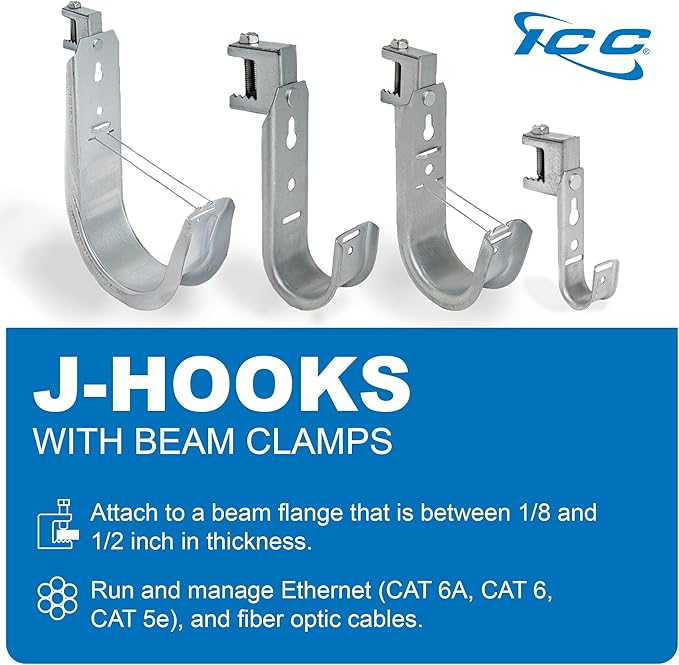 ICC Beam Clamp J Hook 1 5/16” Without Retainer Clip - Galvanized Steel Cable Management Hooks for Hanging Cable to Beams - Rust-Resistant, EIA and TIA Compliant - 1 5/16 Inch 25 Pack