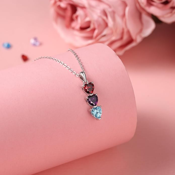 PaulaMax Jewelry Custom Birthstone Necklace for Women in 925 Sterling Silver, Mother's Day Necklace with 1 2 3 4 Heart Birthstones, Personalized and Customized Sterling Silver Chain 18" + 2"