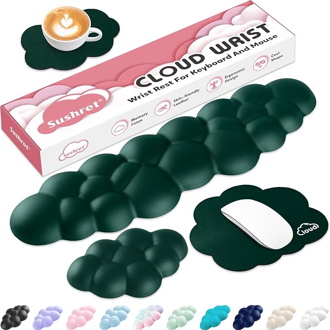 Cloud Wrist Rest for Computer Keyboard, 4-in-1 Memory Foam Leather Cloud Keyboard Wrist Rest and Mouse Pad Set with Ergonomic Support for Arm and Palm Cushion, Gaming/Work Setup, Dark Green