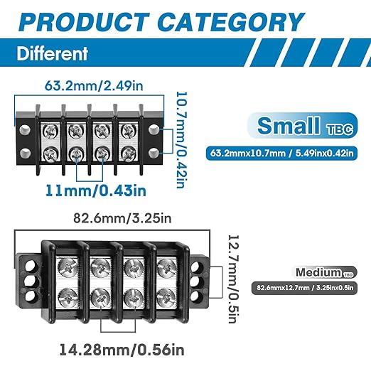 GLOSO Terminal Blocks Double Row Stainless 11 mm Pitch TBC, Marine Grade, 12-22 AWG Cu, 25A/300V - 1 Pack, 4 Poles