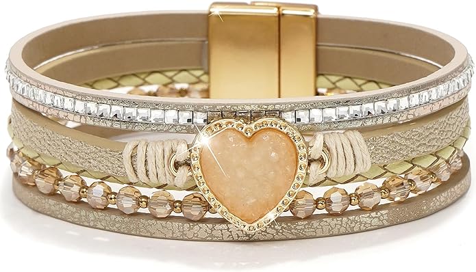 Suyi Multilayer Leather Wrap Bracelet Heart-Shape Wide Cuff Bracelets for Women