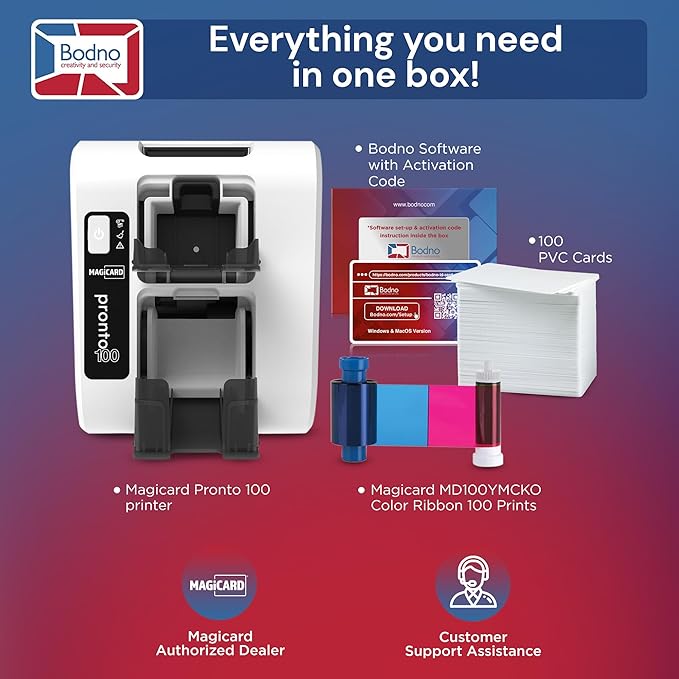 Bodno Magicard Pronto 100 ID Card Printer & Complete Supplies Package ID Software - Bronze Edition