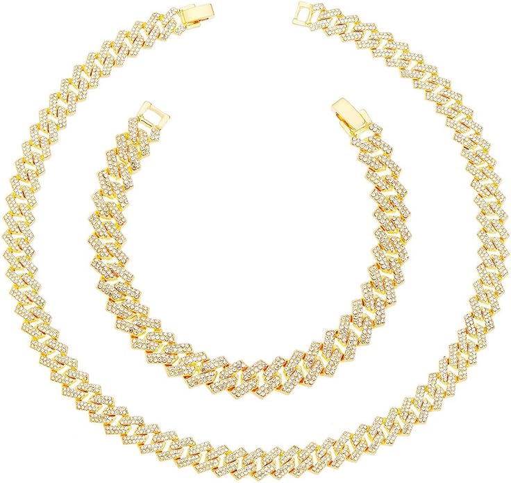 HH BLING EMPIRE 14k Gold/Silver Cuban Link Chain for Women Iced Out Diamond Chunky Cuban Link Necklace Chain Bracelet 2pcs Sets
