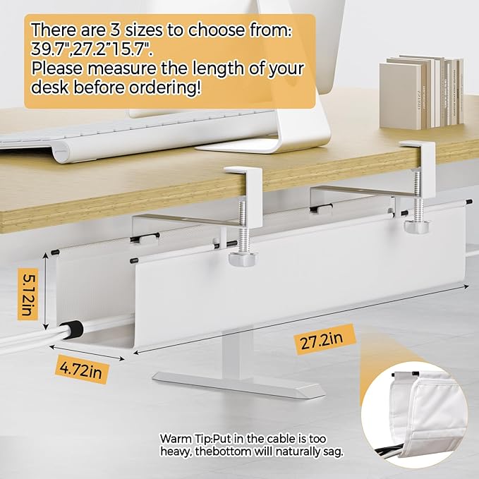 Under Desk Cable Management Tray 27.2" - No Drill Computer Wire Organizer Cable Tray, Cord Hider Clamp Mount with 16X Cable Ties PC Cables Management Cord Holder for Office/Home (Upgrade Fabric,White)