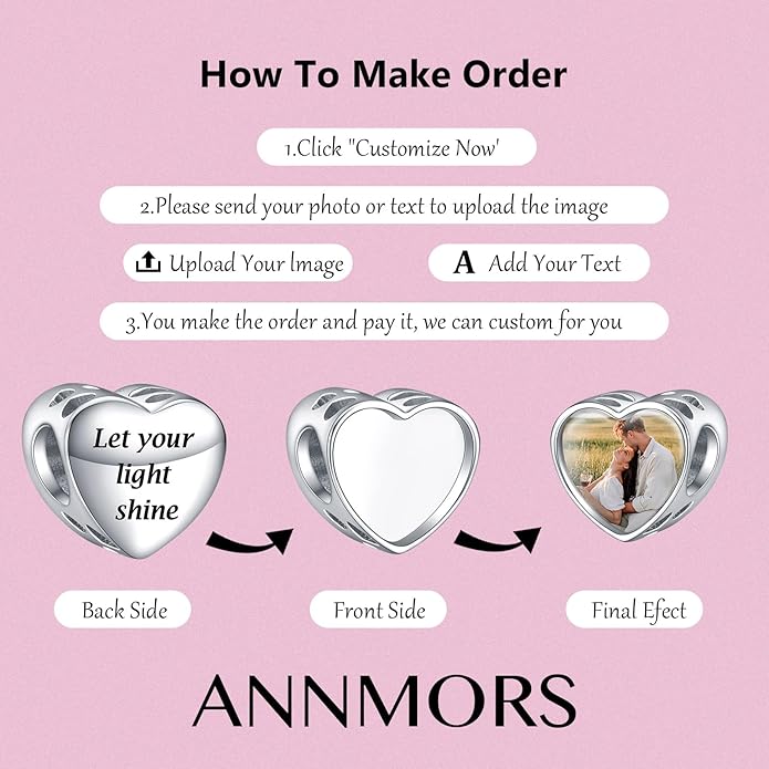 Annmors Personalized Photo Charms For Bracelets/Necklace 925 Sterling Silver Love Heart Shaped Engraved Customize Picture Gift for Birthday Mother's Day,Bead Charms Jewelry for Women