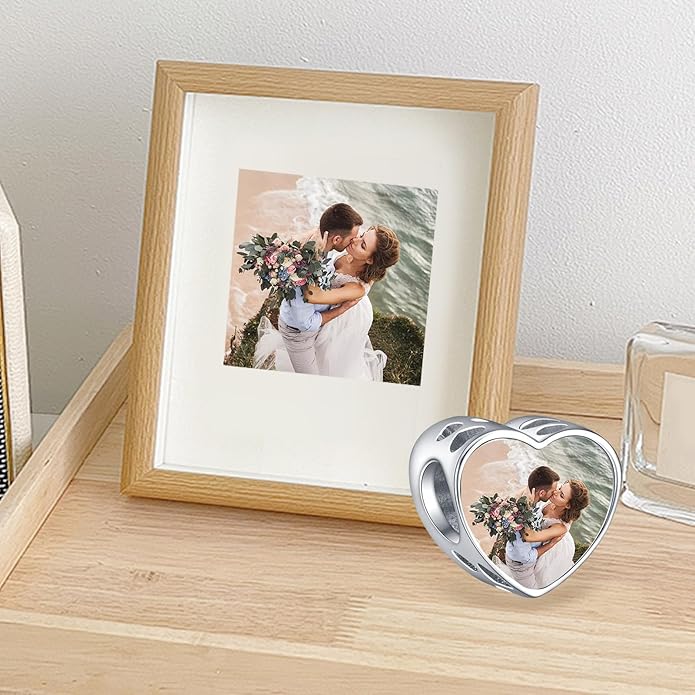 Annmors Personalized Photo Charm for Bracelet Necklaces,925 Sterling Silver Charm Love Heart Shaped Engraved Customize Picture Gift for Birthday Mother's Day Christmas,Bead Charms Jewelry for Women