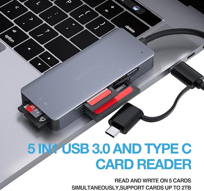SD Card Reader, Aluminum 5in1 USB USB-C to SD Micro SD MS CF XD Card Reader Adapter Compatible with iPhone 15/16/Pro/Max, MacBook Pro/Air 2023, iPad Pro, iMac, S23, XPS 17, Surface Book 3 and More
