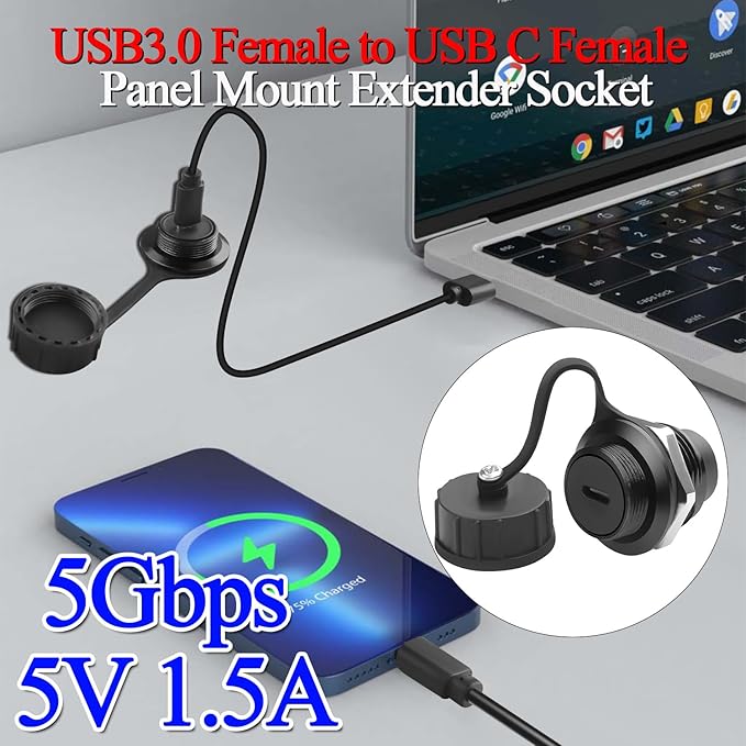 QIANRENON USB 3.0 to USB C Threaded Fixing Waterproof Adapter 5Gbps USB3.0 Female to USB Type C Female Feedthrough Bulkhead Mount Connector Receptacle 5V/1.5A, for Outdoor Data Transfer Charge