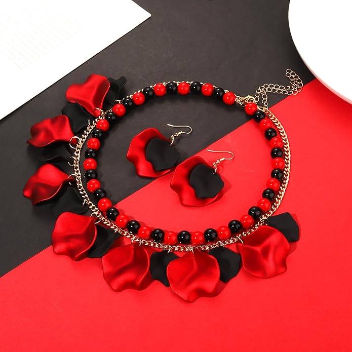 Flower Petal Necklace Earrings Set Layered Statement Beaded Jewelry Set for Women Summer Necklace Earrings