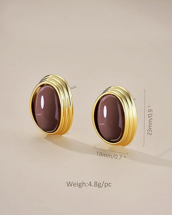 SNGIA18K Gold Plated Burgundy Maroon Red Carnelian Round Oval Ribbed Button Chunky Statement Earrings for Women by SNGIA, Bold Handmade Exaggerated Dome Retro Rounded Button Trendy Bohemian Gemstone Stud Jewelry Gifts, Unique Vintage Baroque Stone Summ...