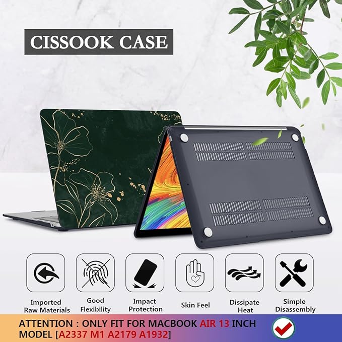 CISSOOK Case for MacBook Air 13 inch 2021 M1 A2337 A2179 A1932, Hard Shell Case+ Keyboard Cover+ Screen Protector for New MacBook Air 13 with Retina Display and Touch ID 2022-2018, Elegant Gold Lotus