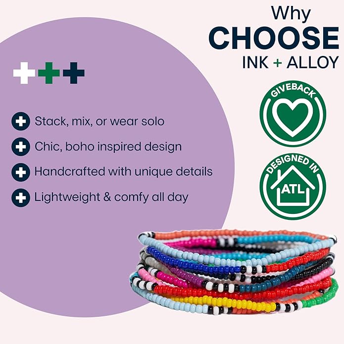 INK + ALLOY 10-Strand Stacking Beaded Bracelets for Women – Mixed Patterns Bracelet Stack - Adjustable Stretch Fit - Handmade Boho Bracelets for Women - Perfect for Any Occasion