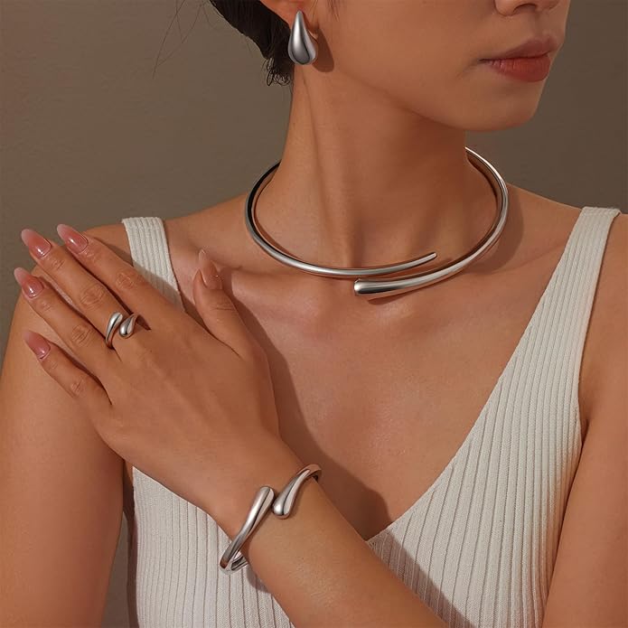 4 Pcs Statement Jewelry Set for Women – 18K Gold Plated Teardrop Necklace, Gold Drop Earrings, Bold Rings & Cuff Bracelets, Elegant Jewelry Gifts for Women